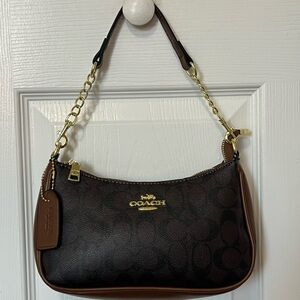 Coach Black and Brown Shoulder Bag with Gold Accents
